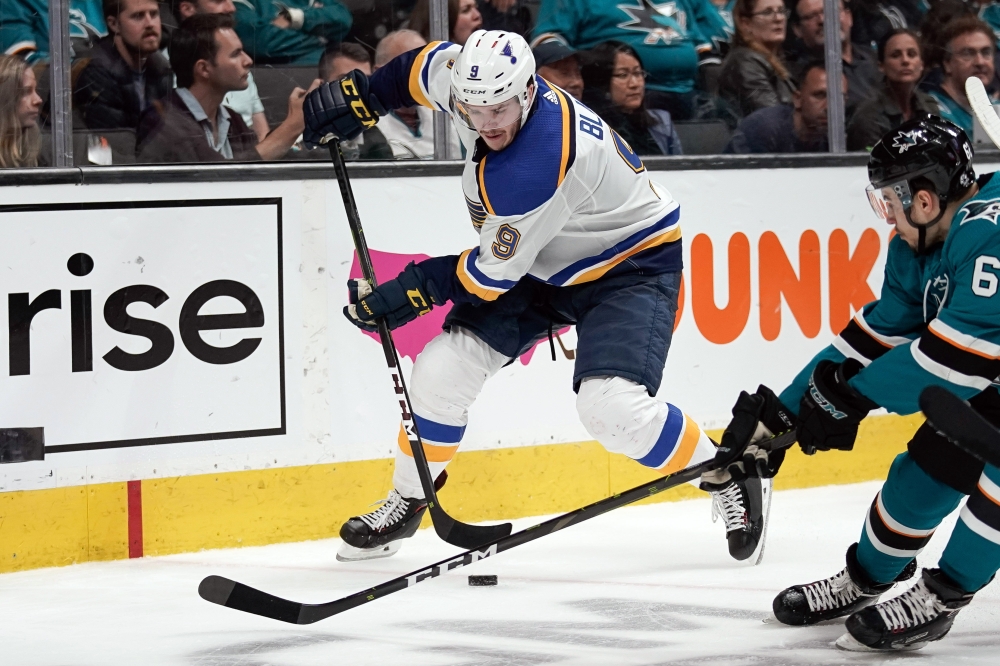 San Jose Sharks right wing Kevin Labanc (62) defends against St. Louis Blues left wing Sammy Blais (9) during the third period in game one of the Western Conference Final of the 2019 Stanley Cup Playoffs at SAP Center at San Jose. — Reuters