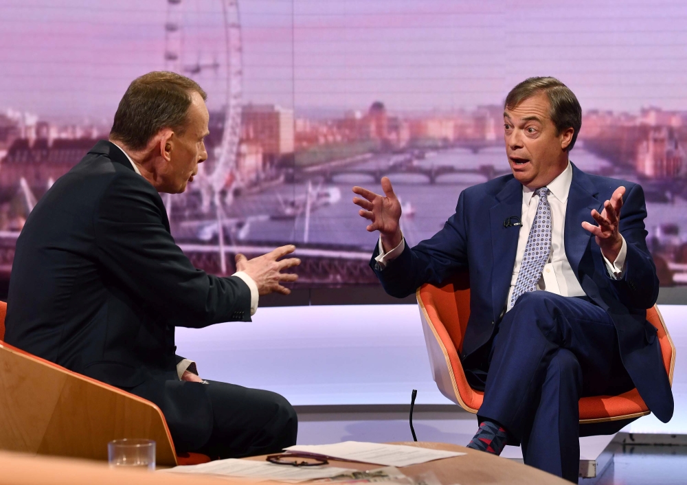 Brexit Party leader Nigel Farage appears on BBC TV's The Andrew Marr Show in London, Sunday. — Reuters 