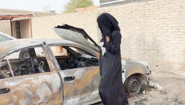 The burnt car in Makkah. — Okaz photo