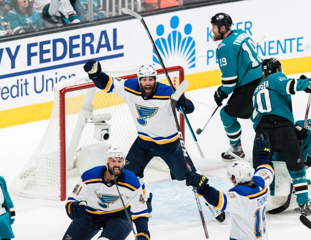 St. Louis Blues defenseman Robert Bortuzzo (41) celebrates with left wing Pat Maroon (7) after scoring a goal against the San Jose Sharks  celebrates after in the second period of game two of the Western Conference Final of the 2019 Stanley Cup Playoffs at SAP Center at San Jose, on Monday. — Reuters