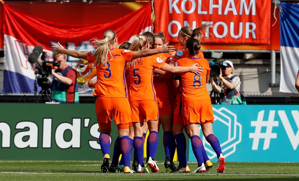 Netherlands' Lieke Martens celebrates with teammates after scoring their second goal against Denmark in Women's Euro 2017 final at the Enschede, Netherlands in this file photo. — Reuters