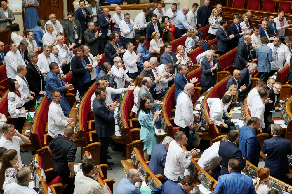 Lawmakers, representing People's Front party and President Petro Poroshenko's faction, attend a session of parliament in Kiev, Ukraine, on May 16, 2019. — Reuters