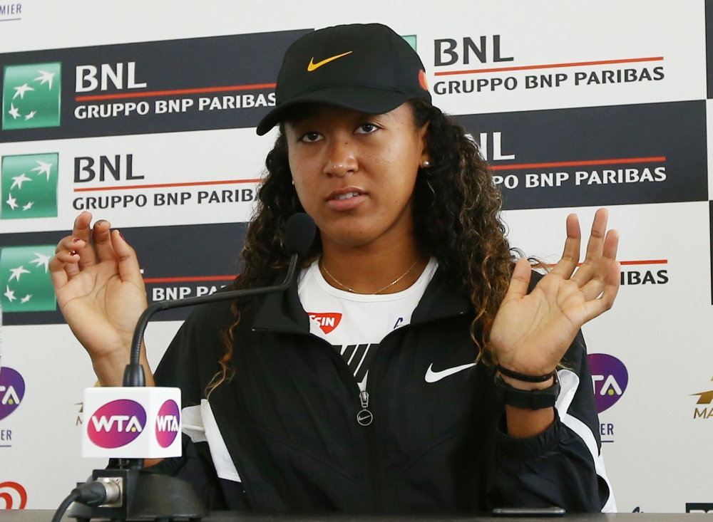 Japan's Naomi Osaka during a press conference after withdrawing from her Italian Open quarterfinal match against Kiki Bertens of Netherlands due to injury at the Foro Italico, Rome, Italy, on Friday. — Reuters