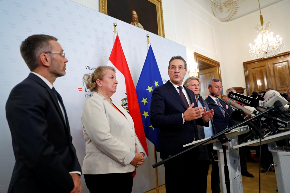 Austrian Vice Chancellor Heinz-Christian Strache addresses the media in Vienna, Saturday. — Reuters