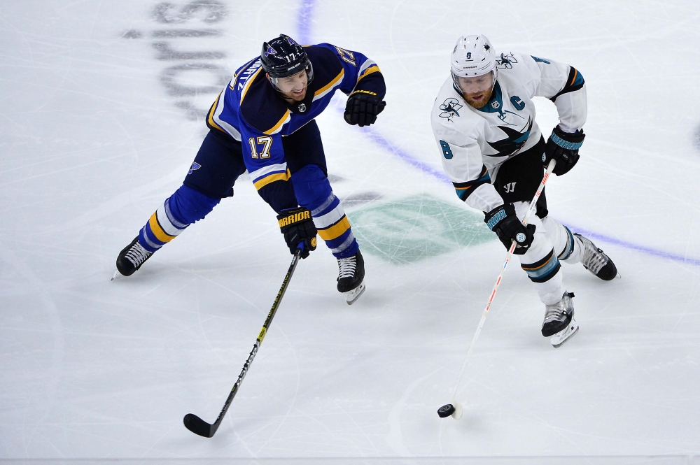 San Jose Sharks center Joe Pavelski (8) handles the puck as St. Louis Blues left wing Jaden Schwartz (17) defends during the third period in game four of the Western Conference Final of the 2019 Stanley Cup Playoffs at Enterprise Center in this May 17, 2019 file photo. — Reuters