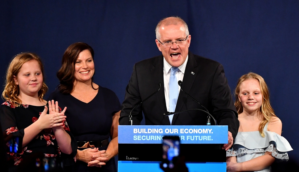 Australia's Prime Minister Scott Morrison with wife Jenny, children Abbey and Lily after winning the 2019 Federal Election, at the Federal Liberal Reception at the Sofitel-Wentworth hotel in Sydney, Australia, May 18, 2019. — Reuters