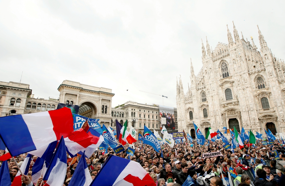 People attend a major rally of European nationalist and far-right parties ahead of EU parliamentary elections in Milan, Saturday. — Reuters