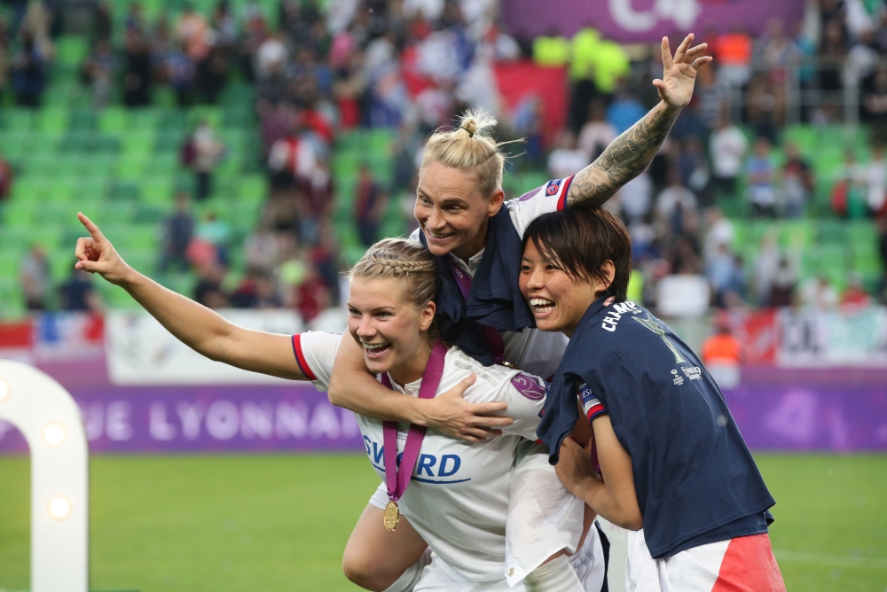 Olympique Lyonnais’ Ada Hegerberg celebrates with teammates after winning the Women’s Champions League Final at Ferencvaros Stadium, Budapest, Hungary, on Saturday. — Reuters