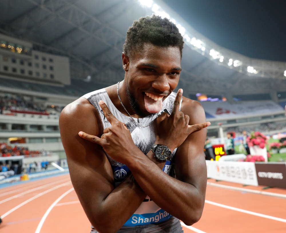 Noah Lyles of the US celebrates winning the Men's 100m at the Shanghai Diamond League in Shanghai on Saturday. — Reuters