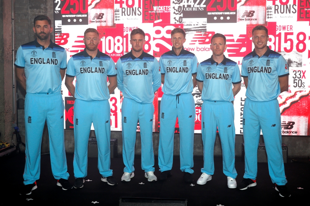 England's Liam Plunkett, Jonny Bairstow, Jason Roy, Joe Root, Eoin Morgan and Jos Buttler pose during the launch of the England kit for the ICC Cricket World Cup in London on Tuesday. — Reuters