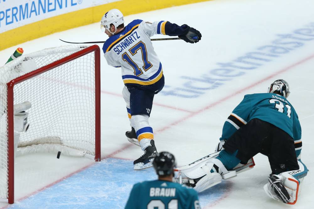 St. Louis Blues left wing Jaden Schwartz (17) scores a goal past San Jose Sharks goaltender Martin Jones (31) during the second period in Game 5 of the Western Conference Final of the 2019 Stanley Cup Playoffs at SAP Center at San Jose. — Reuters