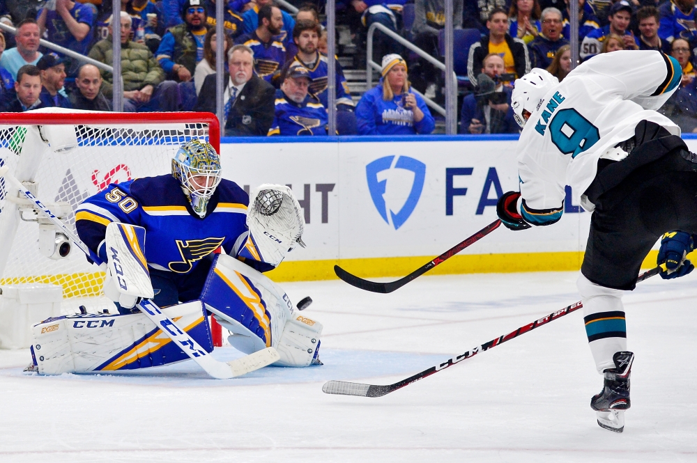 St. Louis Blues goaltender Jordan Binnington (50) makes a save on a shot by San Jose Sharks left wing Evander Kane (9) during the third period in game six of the Western Conference Final of the 2019 Stanley Cup Playoffs at Enterprise Center. The St. Louis Blues won 5-1. — Reuters