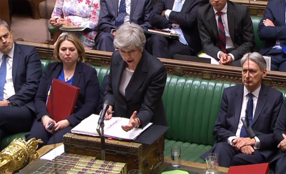 A video grab from footage broadcast by the UK Parliament's Parliamentary Recording Unit (PRU) shows Britain's Prime Minister Theresa May answers a question during the weekly Prime Minister's Questions (PMQs) session in the House of Commons in London on Wednesday. British Prime Minister May's final bid to salvage her EU divorce deal appeared doomed as pro-Brexit Conservatives and opposition MPs rejected her attempts at a compromise to end months of deadlock. — AFP