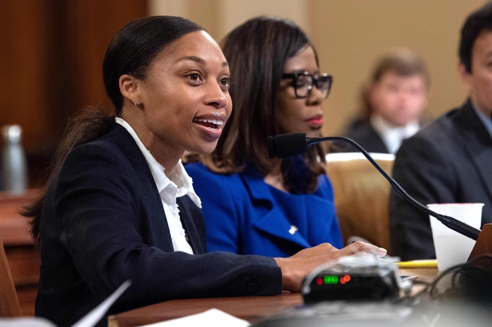 In this file photo six-time Olympic gold medalist Allyson Felix testifies before the US House Ways and Means Committee’s hearing on overcoming racial disparities and social determinants in the maternal mortality crisis, on Capitol Hill in Washington, DC. Felix joined a chorus of recent criticism against Nike on Wednesday, accusing the US sporting goods giant of penalizing female athletes who took time off to have a child. — AFP