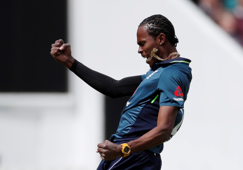 England's Jofra Archer celebrates taking the wicket of Pakistan's Fakhar Zaman in this May 8, 2019 file photo. — Reuters