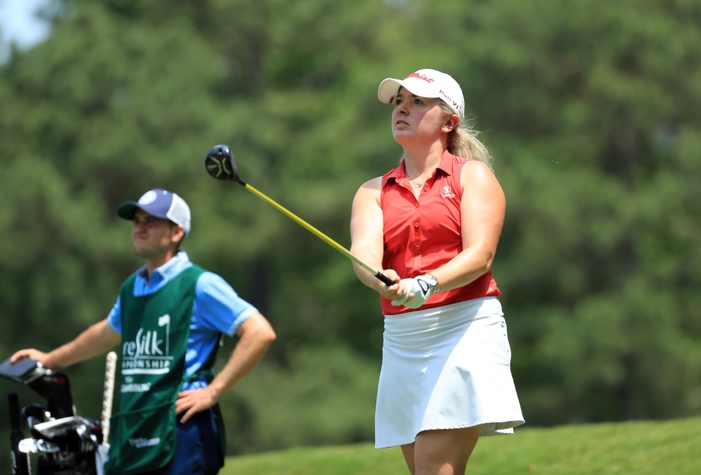 Bronte Law of England watches her tee shot on the eighth hole during the first round of the Pure Silk Championship presented by Visit Williamsburg on the River Course at Kingsmill Resort on Thursday in Williamsburg, Virginia. — AFP