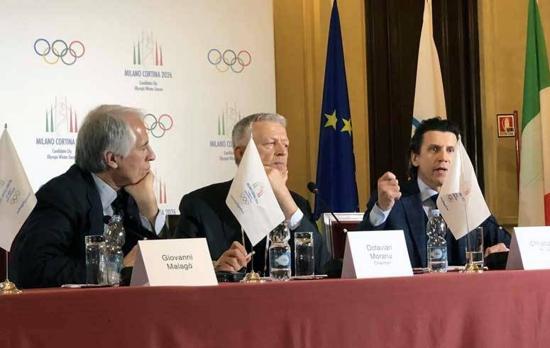 File photo shows, Milan-Cortina 2026 Bid Chief Giovanni Malago (left) watches IOC Evaluation Commission Chief Octavian Morariu and IOC Executive Director Christophe Dubi during a press conference at Palazzo Marino in Milan. — Courtesy photo
