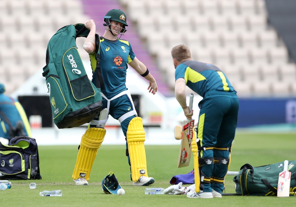 Australia's Steve Smith and David Warner during nets in Hampshire Bowl, Southampton, on Friday. — Reuters