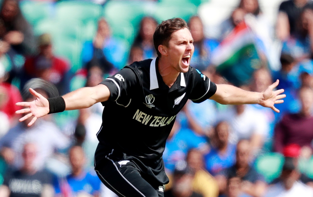 New Zealand's Trent Boult appeals to the umpire for the wicket of India's Rohit Sharma during an  ICC Cricket World Cup warm-up match in Oval, London, on Saturday. — Reuters