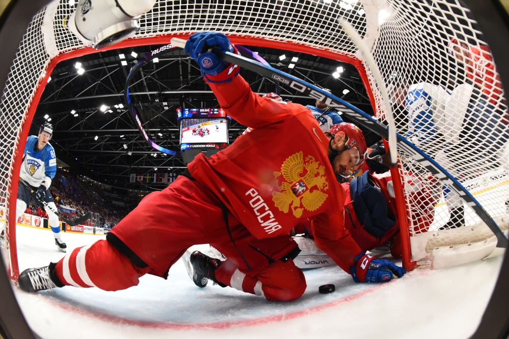 Finland's Marko Anttila scores a goal against Russia's Andrei Vasilevski during Ice Hockey World Championships semifinal match at Ondrej Nepela Arena in Bratislava, Slovakia, on Saturday. — Reuters