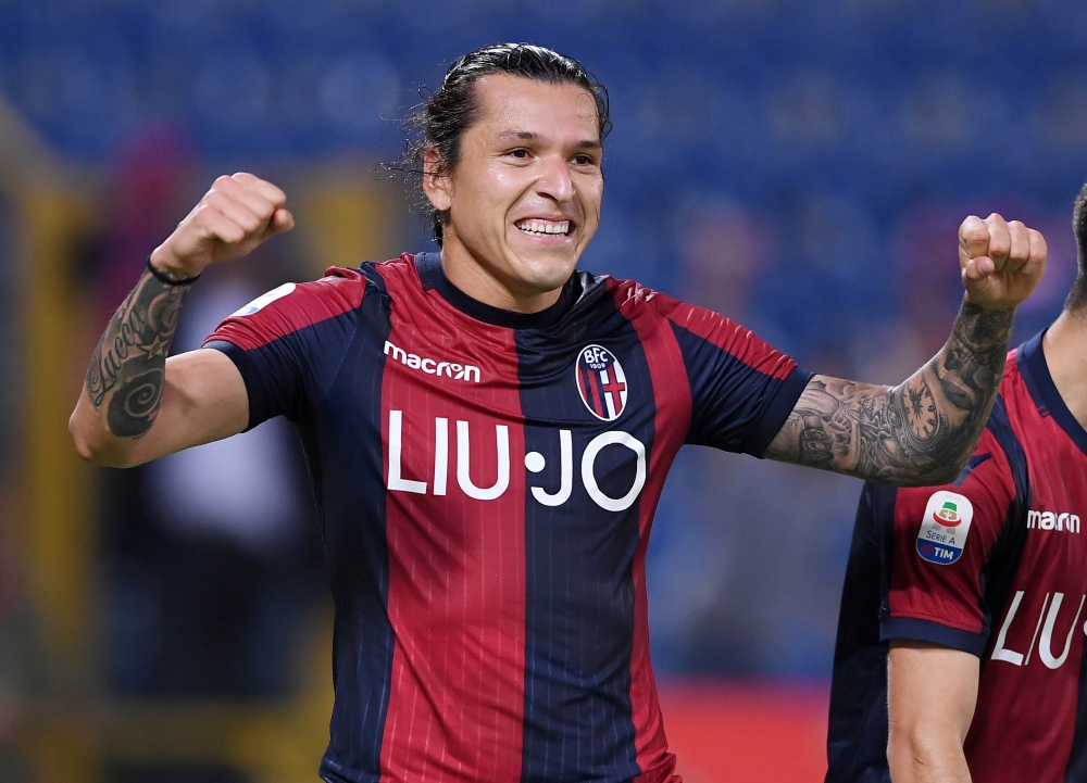 Bologna's Federico Santander celebrates scoring his team's first goal during a Serie A match against Napoli at Stadio Renato Dall'Ara, Bologna, Italy, on Saturday. — Reuters