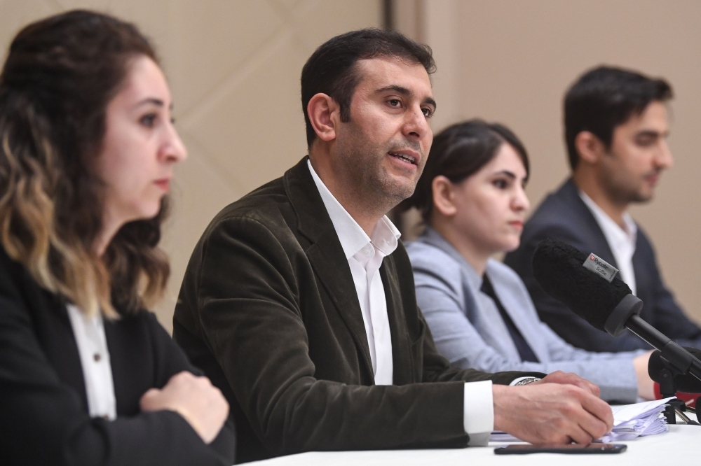 Lawyers of imprisoned Kurdish rebel leader Abdullah Ocalan (L to R) Raziye Turgut, Ibrahim Bilmez, Nevroz Uysal and Rezzan Sarica hold a press conference in Istanbul, Sunday. — AFP