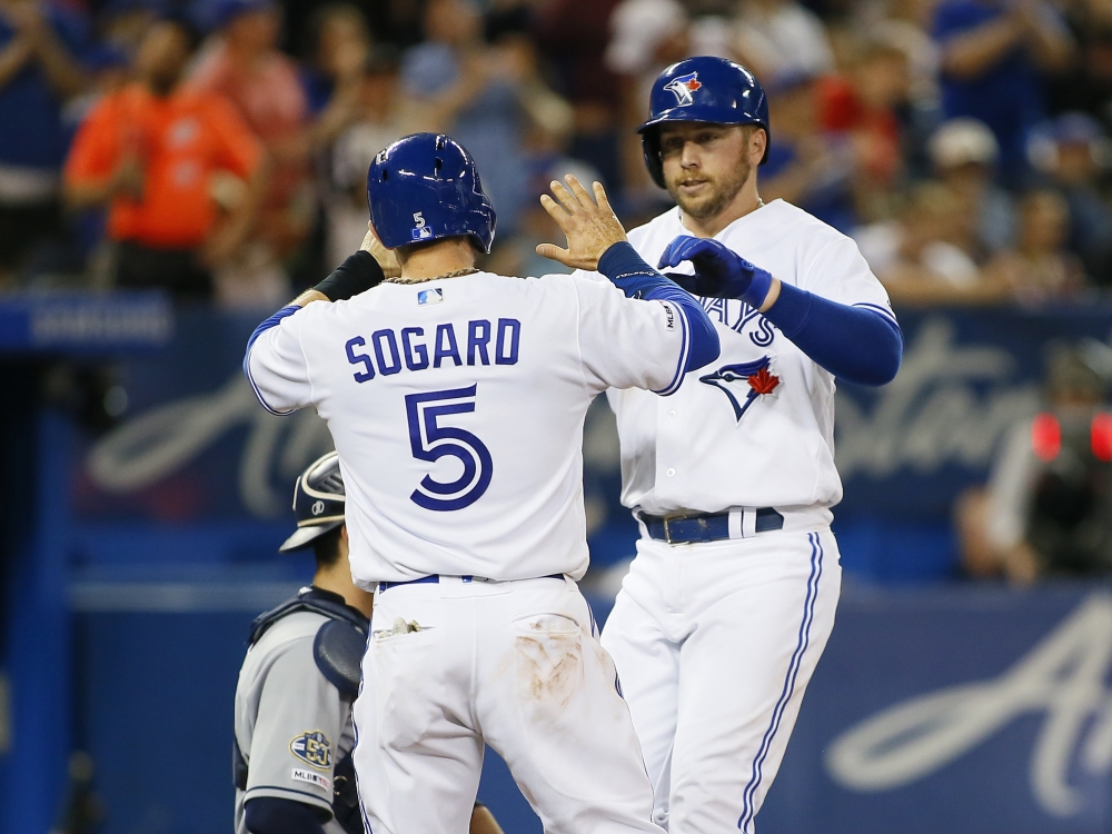 Toronto Blue Jays first baseman Justin Smoak (14) celebrates with second baseman Eric Sogard (5) after hitting a two run home run during the fifth inning against the San Diego Padres at Rogers Centre in Toronto on Sunday. — Reuters