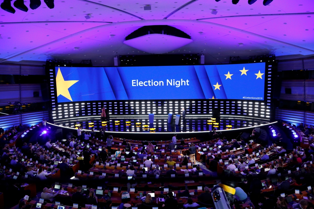 A general view of the Plenary Hall during the election night for European elections at the European Parliament in Brussels, Belgium, May 27. — Reuters