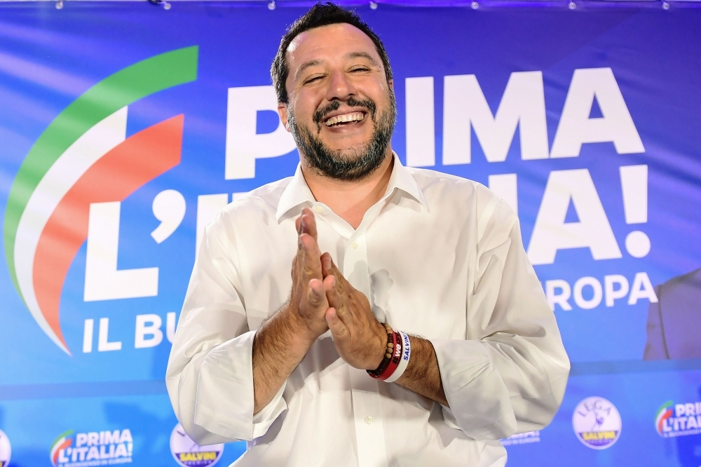 Italian Deputy Prime Minister and Interior Minister Matteo Salvini gestures at the end of a press conference in the Lega headquarters in northern Milan following the results of the European parliamentary elections on Monday. — AFP