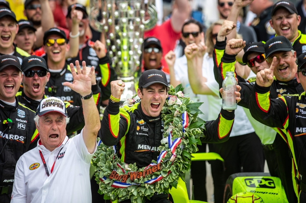 Simon Pagenaud of France, driver of the No. 22 Team Penske Chevrolet leads the field away at the start of the 103rd Indianapolis 500 at Indianapolis Motor Speedway on Sunday in Indianapolis, Indiana.  — AFP