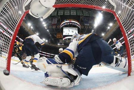 Boston Bruins center Sean Kuraly (52) scores a goal past St. Louis Blues goaltender Jordan Binnington (50) in the third period in game one of the 2019 Stanley Cup Final at TD Garden in Boston, on Monday. — Reuters
