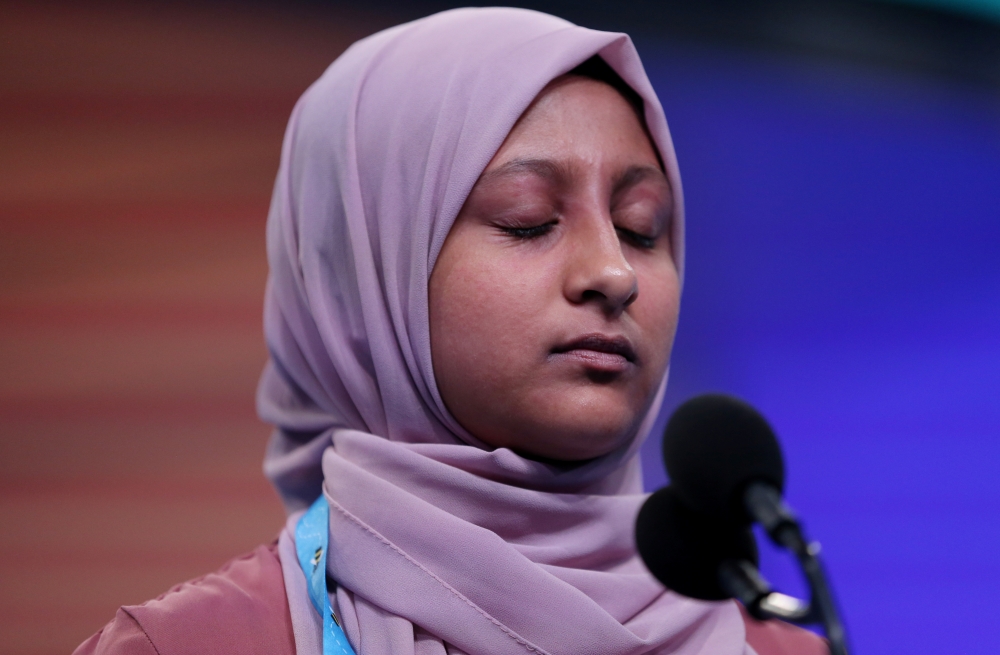 Zaara Noor, 12, concentrates while competing in the preliminaries of the 92nd annual Scripps National Spelling Bee in National Harbor, Maryland, US, Tuesday. — Reuters