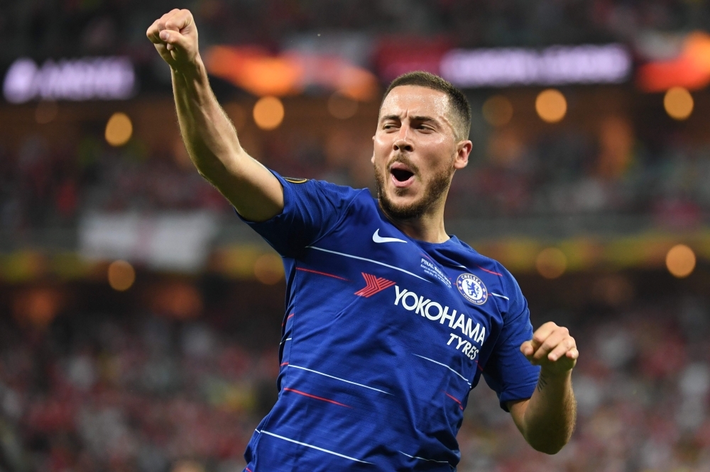 Chelsea's Belgian midfielder Eden Hazard celebrates after scoring a goal during the UEFA Europa League final football match against Arsenal at the Baku Olympic Stadium in Baku, Azerbaijian, on Wednesday. — AFP
