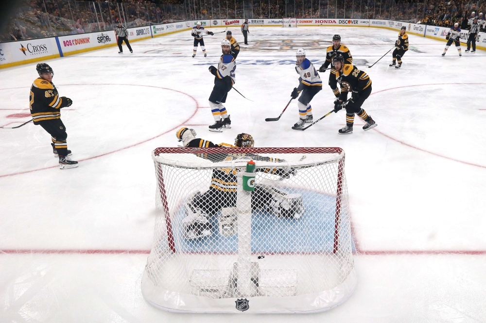 Tuukka Rask No. 40 of the Boston Bruins allows the game-winning goal to Carl Gunnarsson No. 4 of the St. Louis Blues during the first overtime period in Game Two of the 2019 NHL Stanley Cup Final at TD Garden on Wednesday in Boston, Massachusetts. The Blue defeated the Bruins 3-2. — AFP