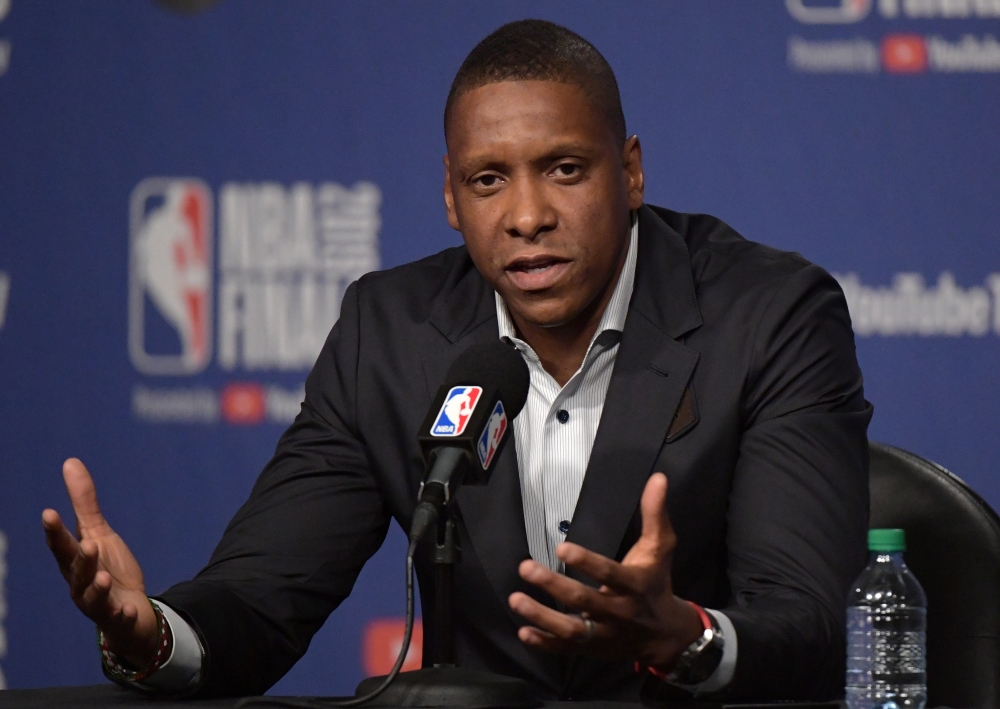 Toronto Raptors president Masai Ujiri answers questions during Media Day before the NBA Finals at Scotiabank Arena, in Toronto, Ontario, on Wednesday. — Reuters