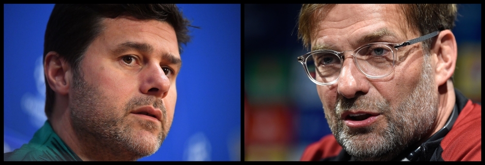 A combination of file pictures shows Tottenham Hotspur's Argentinian coach Mauricio Pochettino in Amsterdam on May 7, 2019 (L) and Liverpool's German coach Jurgen Klopp in Barcelona on April 30, 2019. Liverpool and Tottenham Hotspur will face off in an all-English UEFA Champions League final in Madrid on June 1.— AFP