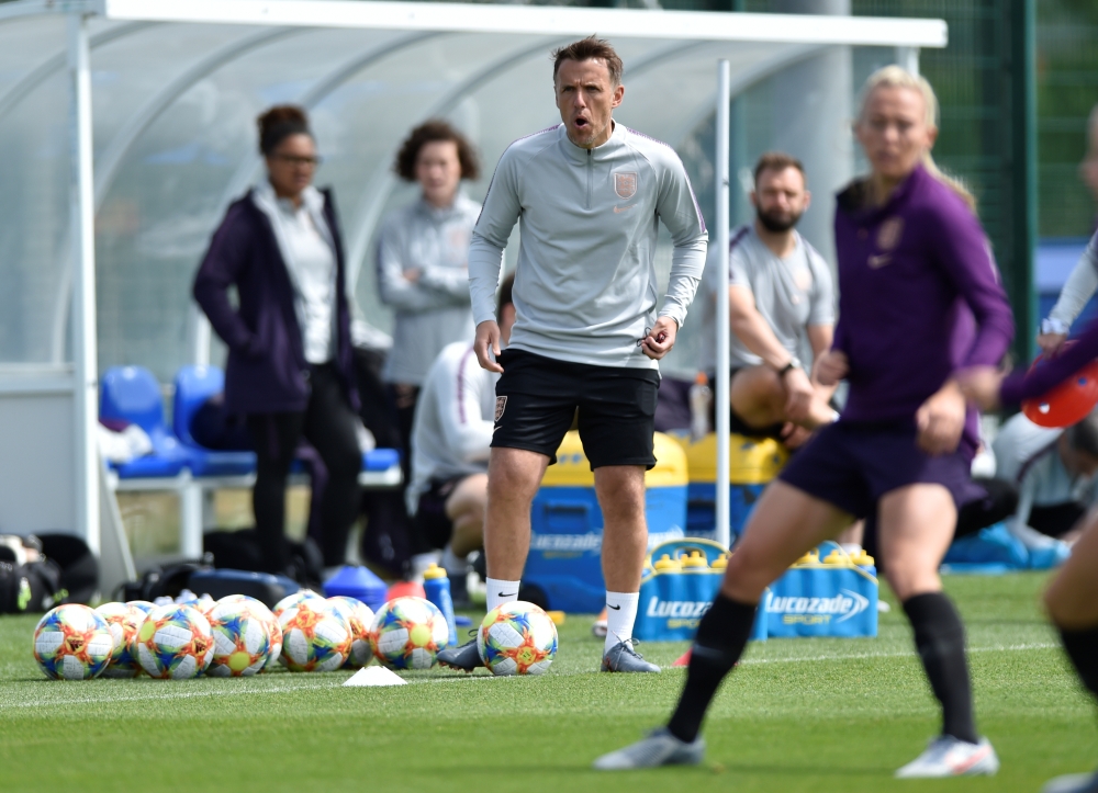 England manager Phil Neville during training at the American Express Elite Football Performance Centre, Brighton, Britain. — Reuters