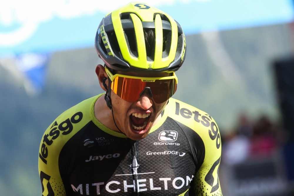 Team Mitchelton rider Colombia's Esteban Chaves reacts as he crosses the finish to win stage nineteen of the 102nd Giro d'Italia - Tour of Italy - cycle race, 151kms from Treviso to San Martino di Castrozza on Friday. — AFP