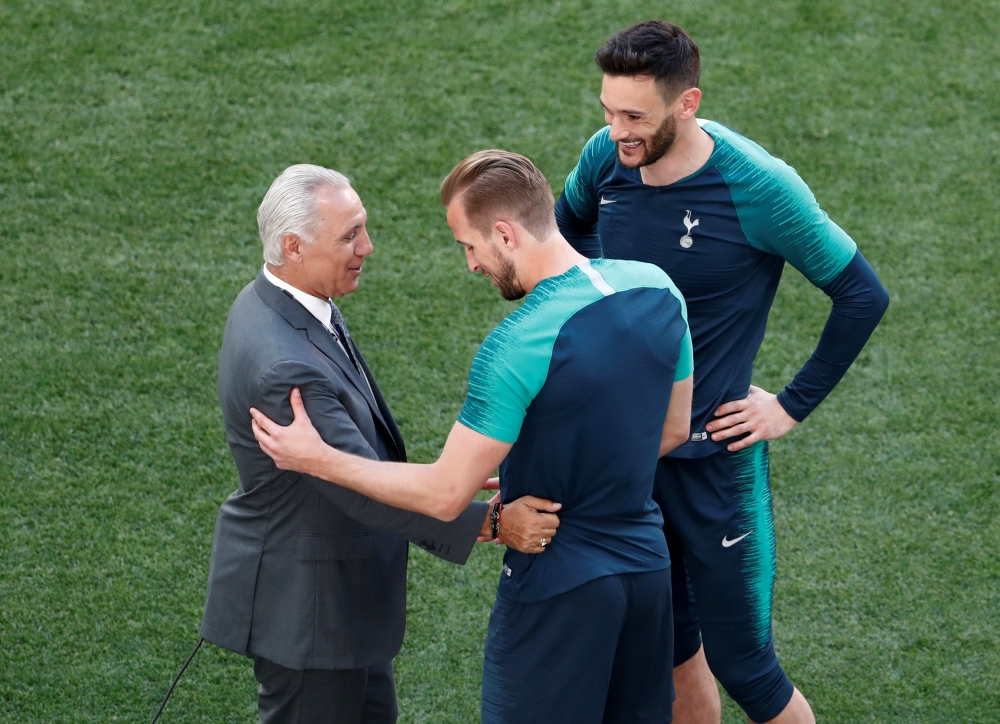 Former Barcelona player Hristo Stoichkov with Tottenham's Hugo Lloris and Harry Kane during training for the Champions League Fina at the Wanda Metropolitano, Madrid, Spain, on Friday. — Reuters