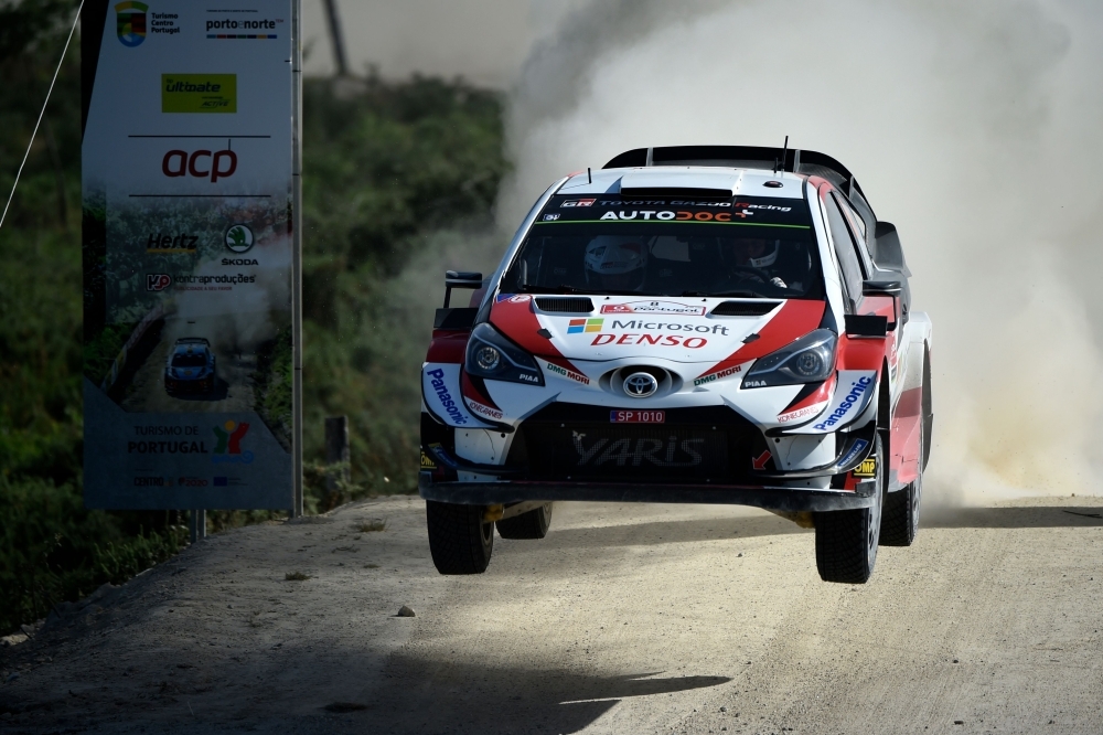 Estonian driver Ott Tanak steers his Toyota Yaris WRC with Estonian co-driver Martin Jarveoja during the SS8 stage of the Rally of Portugal near Vieira do Minho on Saturday. — AFP