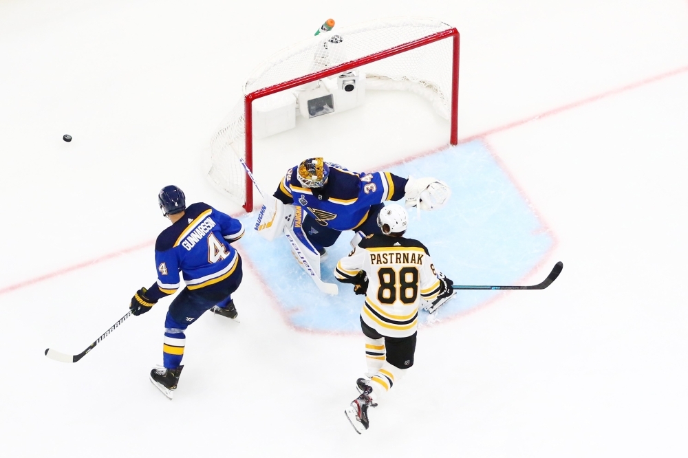 Jake Allen #34 of the St. Louis Blues tends net against the Boston Bruins during the third period in Game Three of the 2019 NHL Stanley Cup Final at Enterprise Center in St. Louis, Missouri, on Saturday. — AFP