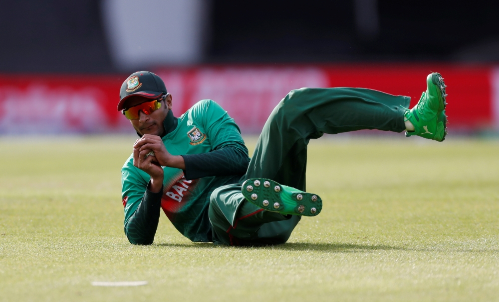 Bangladesh players celebrate the wicket of South Africa's David Miller during the ICC Cricket World Cup match at the Kia Oval, London, Britain, on Sunday. — Reuters