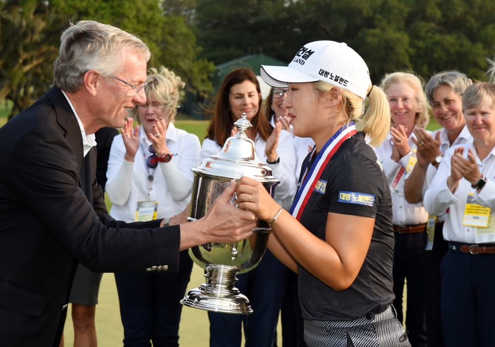 Jeongeun Lee6 holds the trophy after winning the US Women's Open golf tournament at Country Club of Charleston. — Reuters