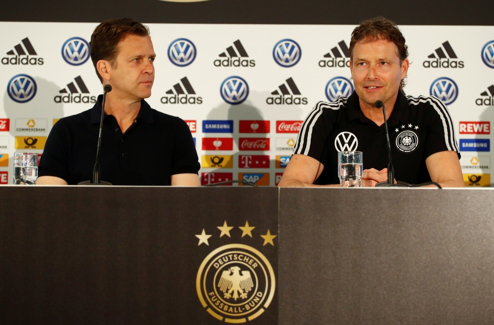 Germany's assistant coach Marcus Sorg and team manager Oliver Bierhoff (L) at news conference following national team training for the Euro 2020 Qualifier at the VVV Arena, Venlo, Netherlands on Monday. — Reuters