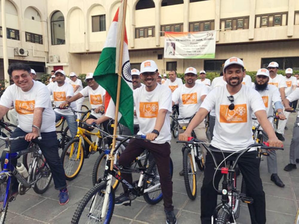 Indian Consul General Md. Noor Rahman Sheikh and community members gear up for the Gandhi Cycle Rally for Peace in Jeddah.