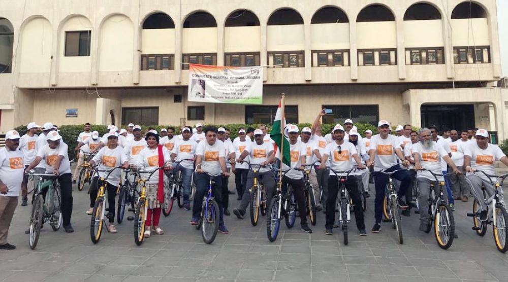 Indian Consul General Md. Noor Rahman Sheikh and community members gear up for the Gandhi Cycle Rally for Peace in Jeddah.