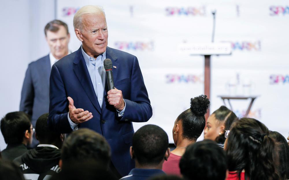 Democratic 2020 US Presidential candidate Joe Biden gives a pep talk to Dallas County high school students after a campaign event at the SPARK! educational center in Dallas, Texas, US, on May 29, 2019. — Reuters