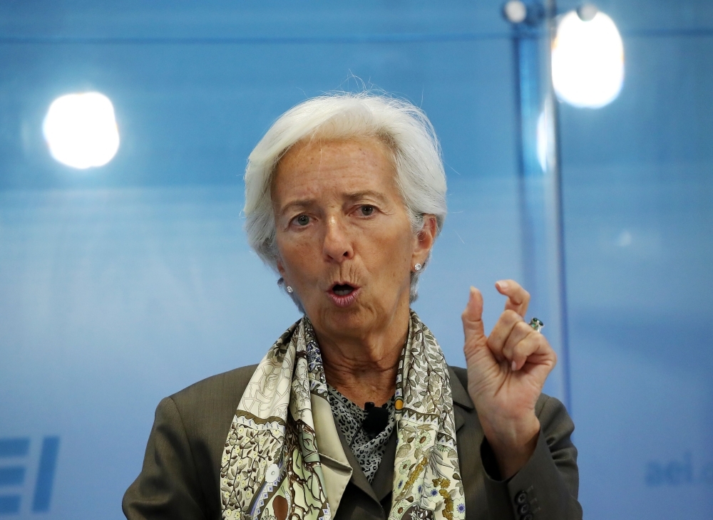 IMF Managing Director Christine Lagarde speaks about the G20 and the global economy during a discussion at the headquarters of the American Enterprise Institute for Public Policy Research (AEI) on Wednesday in Washington, DC. — AFP