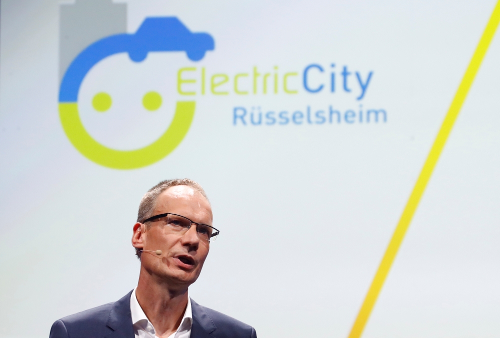 Michael Lohscheller, Chief Executive Officer of Opel Automobile GmbH speaks during a presentation of the new Opel Corsa-e electric car in Ruesselsheim, Germany, on Tuesday. — Reuters