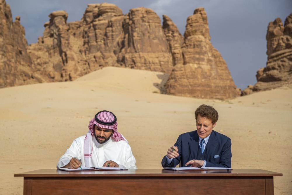 Prince Badr Bin Abdullah Bin Farhan and Dr. Thomas Kaplan are seen during the signing ceremony in Al-Ula. — Courtesy photo